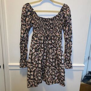 Cottagecore Floral Babydoll Feminine Smocked Mini Dress Long Sleeve Ruffle Hem S